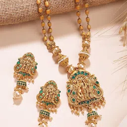 KARATCART Gold-Plated Shri Ram Pendant Rani Haar Necklace Set With Green Stones For Women-45