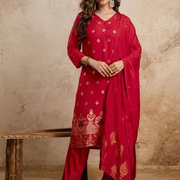 Twika Women Floral Regular Chanderi Silk Kurta with Trousers & With Dupatta-56