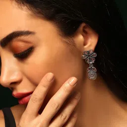 Priyaasi Silver-Plated Contemporary Crystals Oxidised Drop Earrings-17