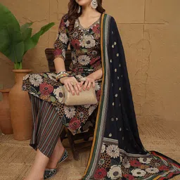 Anouk Floral Printed Thread Work Kurta With Trousers & Dupatta image 2