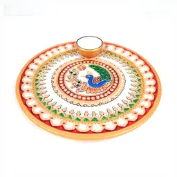 apka mart White & Blue Printed Marble Pooja Thali With Diya-image-1