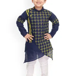 BAESD Boys Checked Band Collar Angrakha Straight Kurta With Churidar-image-9