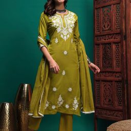 Sangria Women Floral Embroidered Cotton Kurta with Trousers & Dupatta-45