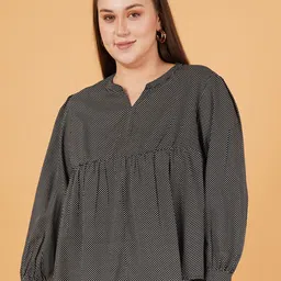 Sztori Women Polka Dots Printed Mandarin Collar Plus Size Top-23
