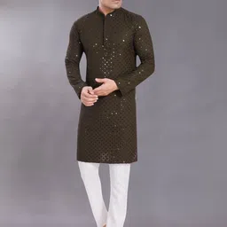 DIVISIVE Geometric Embroidered Sequinned Mandarin Collar Straight Kurta-image-87