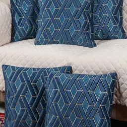 Modern Geometric Design Blue Color Velvet Cushion Cover, Set of 5 Piece-image-29