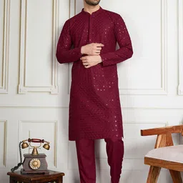 House of Pataudi Men Sequined Thread Embroidered Straight Kurta & Trousers Set-33
