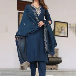 G4Girl Women Floral Embroidered Regular Thread Work Pure Silk Kurta with Trousers & With Dupatta-picture-43