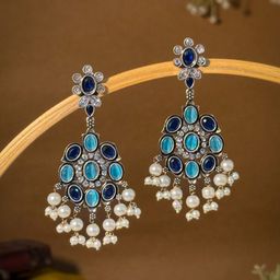 NAMAN ARTS Silver-Plated Artificial Stones and Beads Oxidised Contemporary Drop Earrings-43