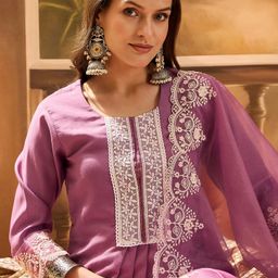 Sangria Women's Mauve Embroidered Silk Blend Straight Kurta Pant Dupatta Set-picture-4