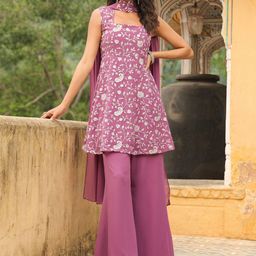 Janasya Floral Embroidered Square Neck Georgette A-Line Kurta with Palazzo & Dupatta-image-42
