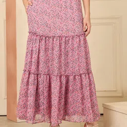 NEUDIS Floral Printed Georgette Tiered Maxi Skirt-image-29