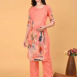 GOLDSTROMS Floral Printed Round Neck Linen Maternity Kurta With Trousers-picture-30