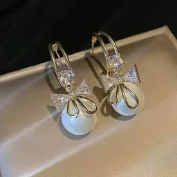Celestria Korean Artificial Stones Studded & Beaded Contemporary Half Hoop Earrings-5