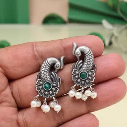 PREYANS Women Brass Silver-Plated American Diamond Studded Peacock Shaped Stud Earrings-image-91