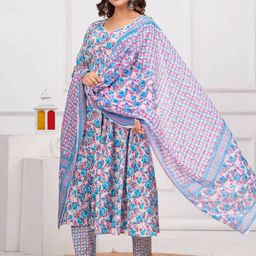 MANOJAVA Women Floral Printed Regular Pure Cotton Kurta with Trousers & With Dupatta image 3