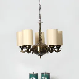 Devansh Off White & Brown cotton shade with Antique Golden Chandelier Metal Ceiling Lamp-image-95