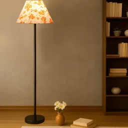 Devansh White & Orange-Coloured Printed Drum Shade Wooden FloorLamp-27