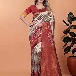 HERE&NOW Ethnic Motifs Zari Art Silk Banarasi Saree-44