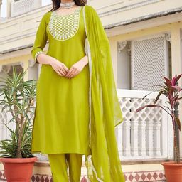 SZN Women Olive Women Ethnic Motifs Yoke Design Kurta with Trousers & Dupatta-picture-19