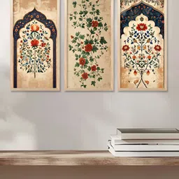 WALLLANE Beige & Red 3 Pieces Floral and Botanical Traditional Wooden Wall Art-18