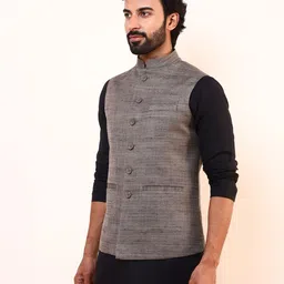 Satwaa Solid Linen Nehru Jacket-image-3
