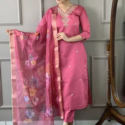 KALINI Floral Embroidered Thread Work Chanderi Cotton Kurta With Trousers & Dupatta-4