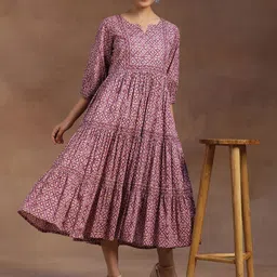 Libas Women Ethnic Motifs Printed Round Neck Layered Cotton Fit & Flare Midi Ethnic Dress-image-91