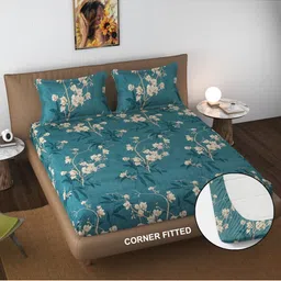FINE TEX WORLD Green & Beige Floral 180 TC King Bedsheet with 2 Pillow Covers-image-98