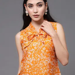 Chemistry Floral Print Tie-Up Neck Crepe Top-image-82