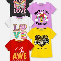 YK X Trampoline Girls Pack Of 5 Graphic Printed Round Neck T-shirts-image-93