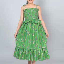 FASHION DREAM Girls Floral Printed Smocked Shoulder Straps A-Line Midi Dress-picture-19