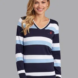 Beverly Hills Polo Club Women Navy Blue & White Yarn Dye Striped V-Neck Sweater-image-16