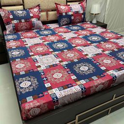 Pure Decor Amulya Blue & Red Ethnic Motifs 250 TC Queen Bedsheet with 2 Pillow Covers-picture-43
