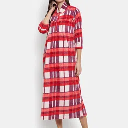 CIERGE Women Red & White Checked Maxi Nightdress-image-27