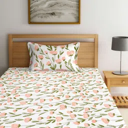 Arrabi Cream-Coloured & Peach-Coloured Floral 300 TC Fitted Single Bedsheet & Pillow Cover-58