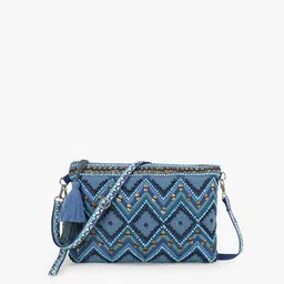 Anekaant Blue Embellished Structured Sling Bag with Tasselled-29