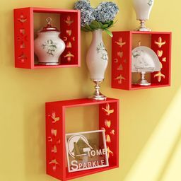 Home Sparkle Set Of 3 Red MDF Wall Shelf-0