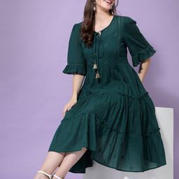 TERQUOIS Women Green Tie-Up Neck Cotton Midi Dress-image-38