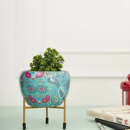 DecorTwist Blue Printed Planter With Stand-34