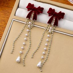 Celestique CZ Studded & Pearls Beaded Bow Shaped Korean Tasselled Drop Earrings-2