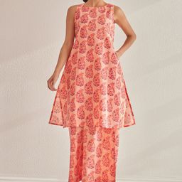 TARA-C-TARA Floral Block Printed Sleeveless Pure Cotton Tunic With Palazzo-6