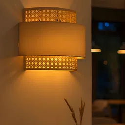 HABERE INDIA Beige Textured Wooden Cylinder Shaped Wall Lamp-picture-0