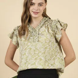 ANJIR Women Floral Printed Flutter Sleeve Ruffles Regular Top-picture-2