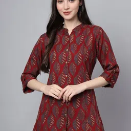 BAESD Floral Print Mandarin Collar Roll-Up Sleeves Ethnic Cotton Top-picture-38