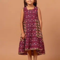 Sangria Girls Red & Blue Ajrakh Printed Pure Cotton A-Line Dress-image-81