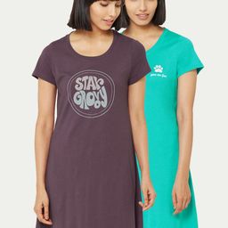 Soie Teal Purple Pack of 2 Printed Knee Length Nightdress-image-27