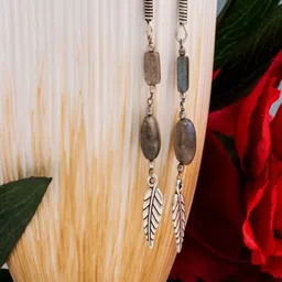 Shrim jewels Brass-Plated Labradorite Beaded Oxidised Square Shaped Drop Earrings-picture-48