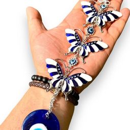 BLUE BEADS Blue Silver Plated 3 Layer Enameled Butterfly Evil Eye Wall Hangings-picture-32