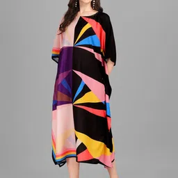 Exotic India Women Colourblocked Printed Rayon Kaftan Midi Dress-picture-12